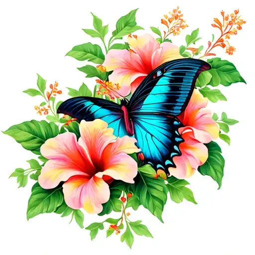 swallowtail butterfly hibiscus flowers with vines  tattoo design idea