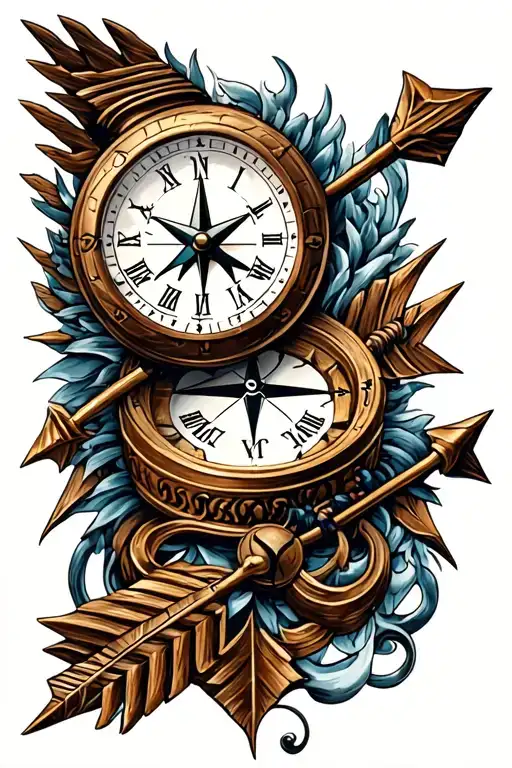 arrow with compass and clock tattoo design idea