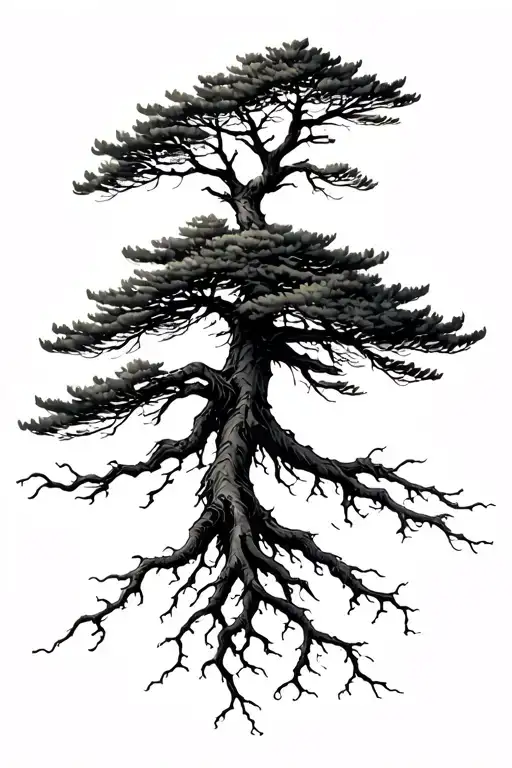 pine tree with roots tattoo design idea
