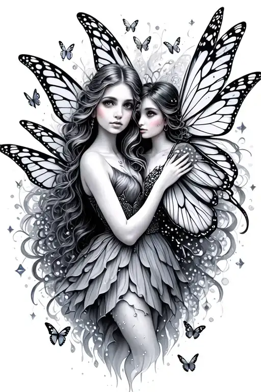 fairies surrounded by sparkles butterflies fluttering tattoo design idea