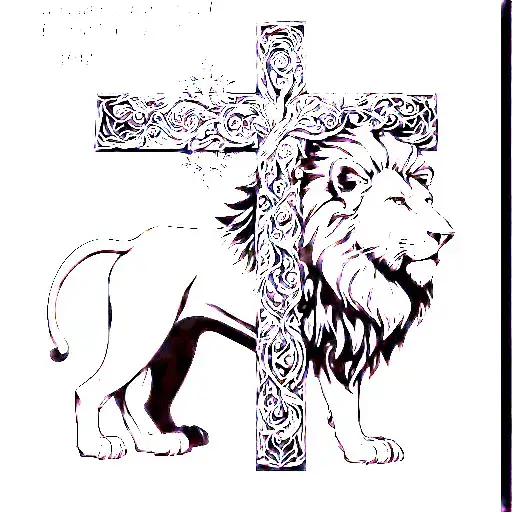 cross behind a lion with a quote and the year 2002 tattoo design idea