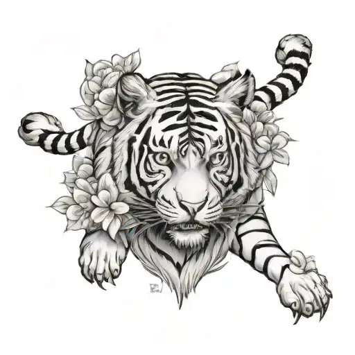 siberian tiger irezumi back with sakura petals tattoo design idea