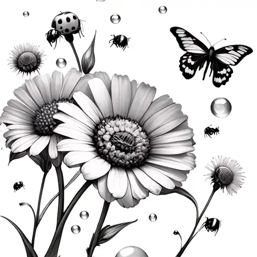 bluebells, daffodils Poppy's, buttercups, daisys, dandelions, bubble bees flying, lady bugs on flowers, butterflies tattoo design idea