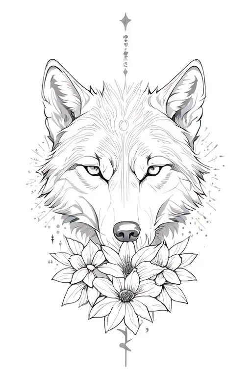 flowers, astral decoration and wolves tattoo design idea