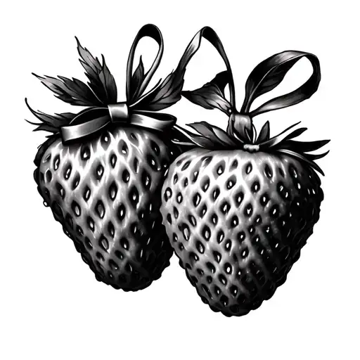 two fine line realistic strawberries connected with a bow  tattoo design idea
