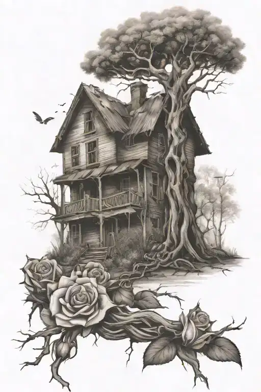 abandoned house, tree roots, roses, broken chains tattoo design idea
