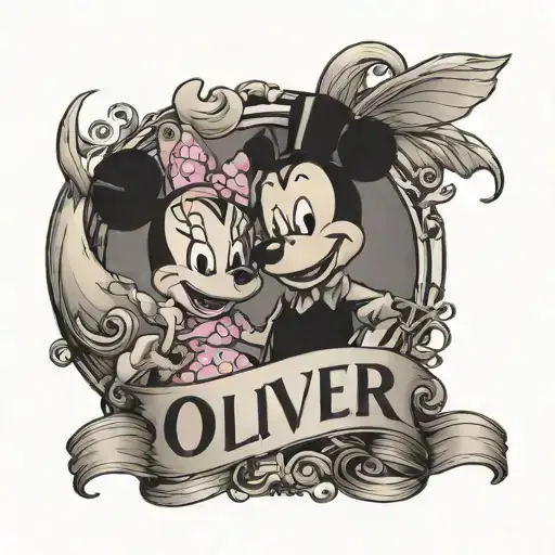 a disney theme tattoo with the name Oliver and the date 07/14/2024  tattoo design idea