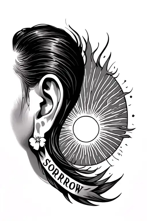 the word sorrow going down the side of my neck behind my ear with a sun rising from the east tattoo design idea