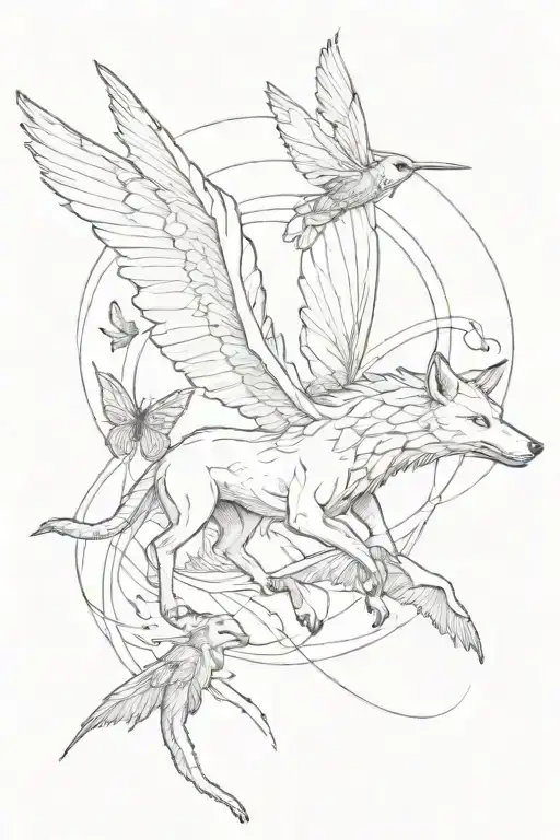 pegasus, dragon, butterfly, stingray, and dragonfly fly above a wolf looking up at them.  tattoo design idea