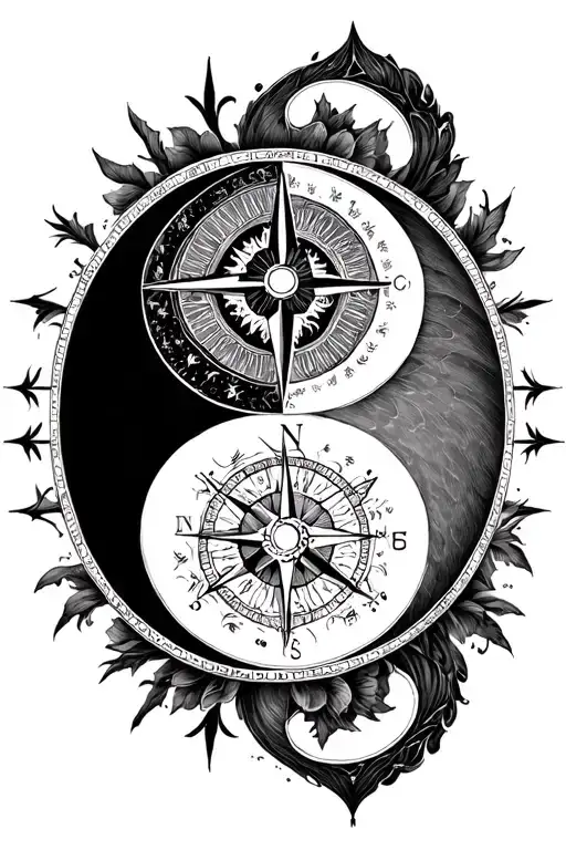 Yin Yang Compass rose day and night tattoo design idea