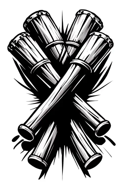 two drumsticks crossed, with stave wrapped arround. minimal style tattoo design idea