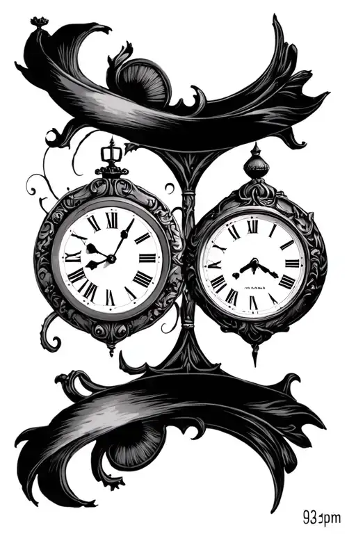 two clocks side by side 11:40am and 9:32pm tattoo design idea