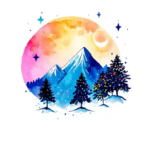 mountain scene with flowers trees stars coloroful moon tattoo design idea