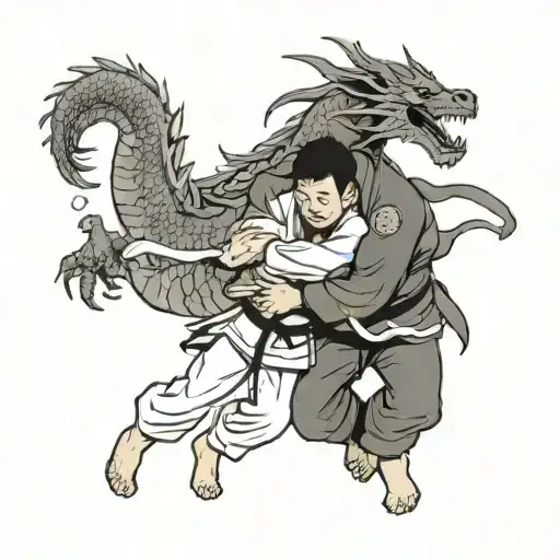 A student practicing Brazilian Jiu Jitsu with a Chinese dragon wrapped around their arm as a guardian tattoo design idea