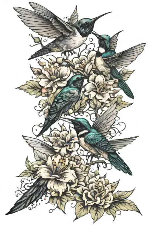 humming birds, bumble bees, crows, wildflowers intertwined tattoo design idea