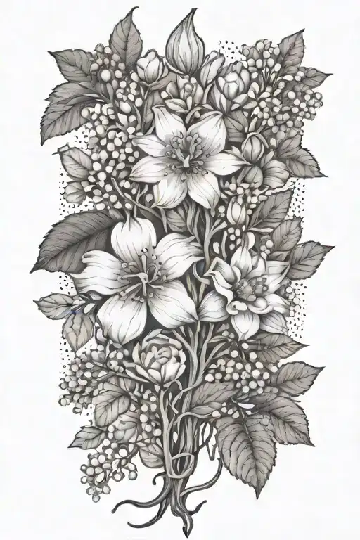 May, August, October, November, February birth flowers growing from tree branches  tattoo design idea