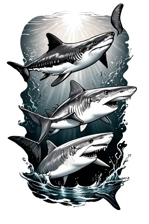 a thigh band with a whale shark, a hammerhead shark, leopard shark, thresher shark,and a nurse shark tattoo design idea