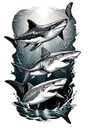 a thigh band with a whale shark, a hammerhead shark, leopard shark, thresher shark,and a nurse shark tattoo design idea