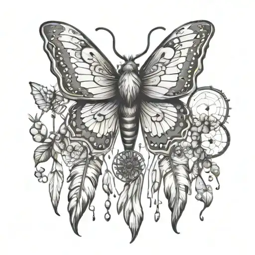 moth with dreamcatcher feathers and beads hanging from its wings tattoo design idea