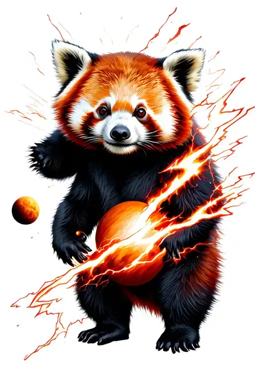 Show me a tattoo design of a red panda involved in red lightning with the mark of Jupiter and the planet Jupiter in spac tattoo design idea