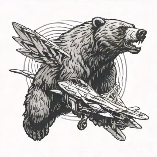 fighter jet soaring over grizzly bear tattoo design idea