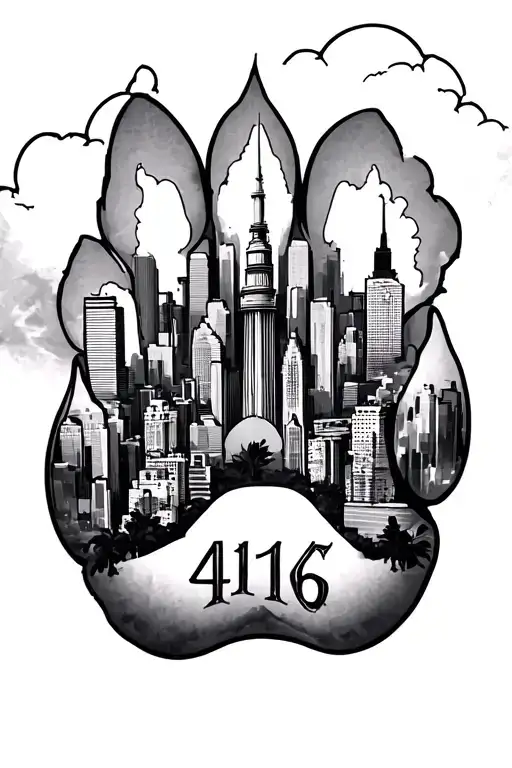 tattoo design of top of hand dog paw with toronto skyline on wrist with tower going up arm with 416 hidden in clouds tattoo design idea
