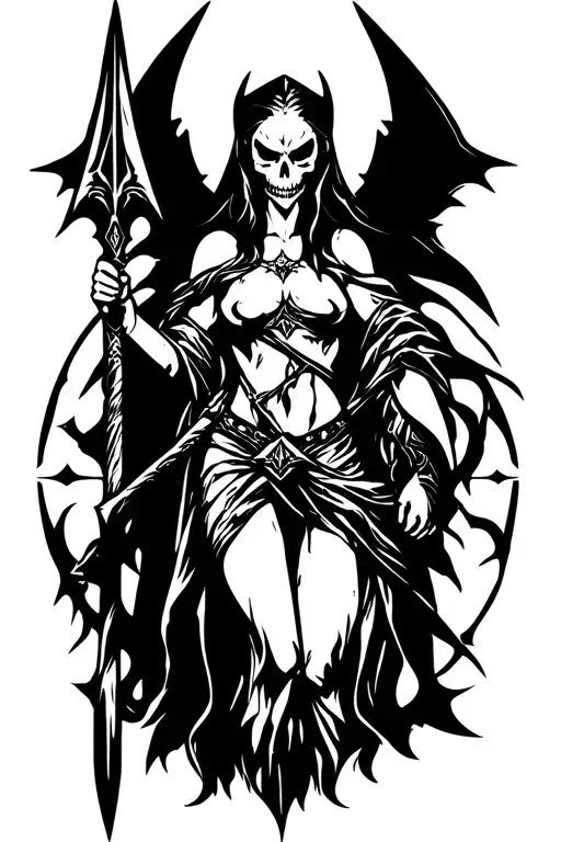 Morrigan Goddess of Death holding a spear tattoo design idea