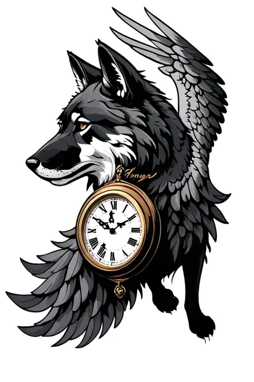 Honor clock, angel wing, wolf tattoo design idea