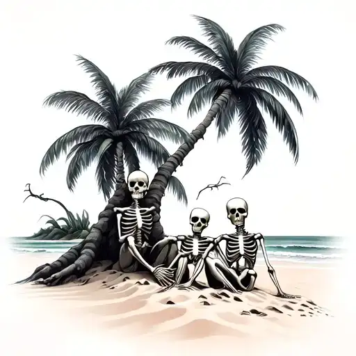 black and grey realism of a curved palm tree with two male skeletons sitting in the sand holding hands leaned against it tattoo design idea
