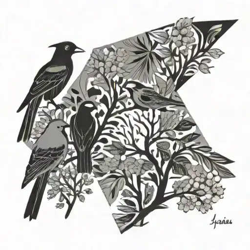 abstract representation of state birds and State trees kentucky, North carolina, and Kansas interacting Picasso tattoo design idea