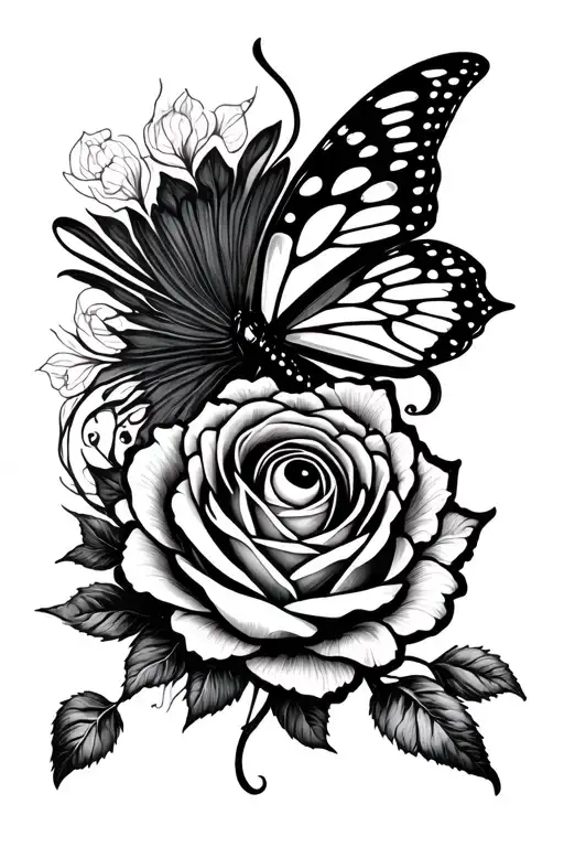 evil eye butterfly rose surrounded tattoo design idea