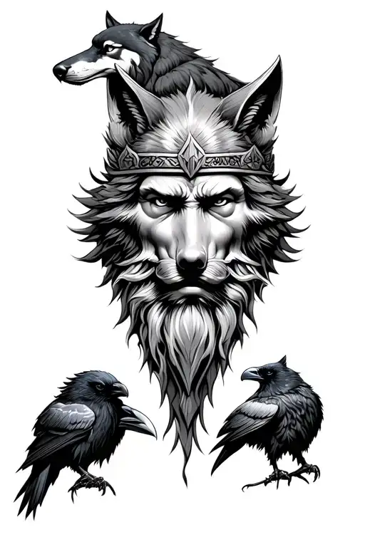 the Norse god, Odin's face, his two ravens below him & fenrir the wolf above Odins face.  tattoo design idea