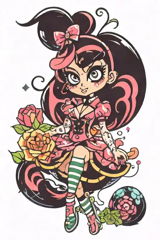 Blossom from powerpuff girls in a slutty outfit in a psychedelic style tattoo design idea
