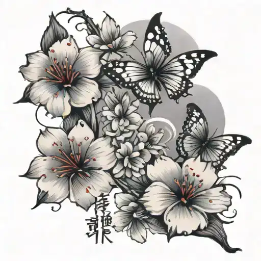 Cherry Japanese blossom, Korean writing spelling don't be afraid to let go withbutterflies on the shoulder up to neck   tattoo design idea