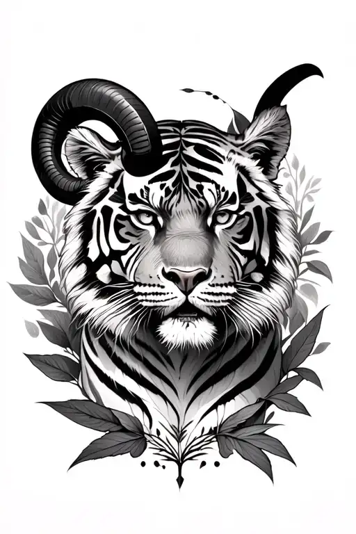 aries zodiac and tiger surrounded Boy Autoknacker leaves tattoo design idea