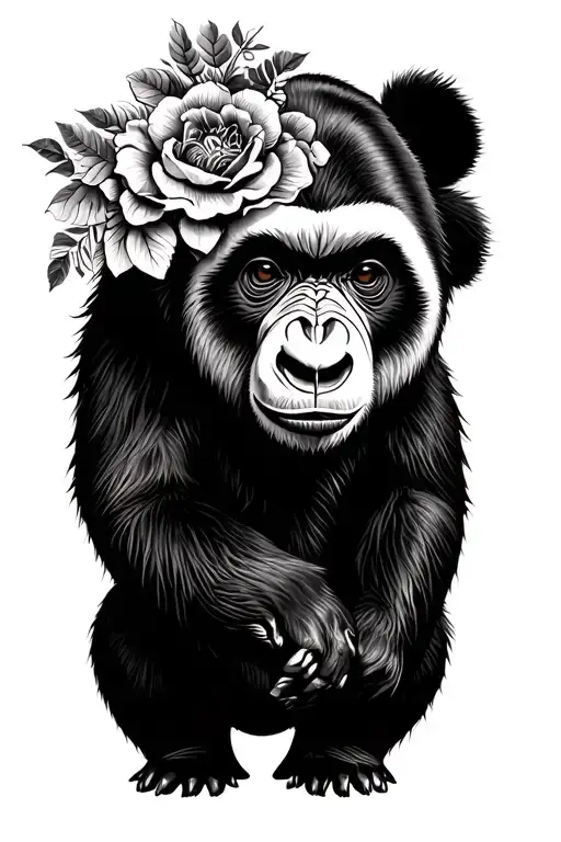 realism baby gorilla, panda, leopard and turtle leg sleeve with floral and dhapes tattoo design idea