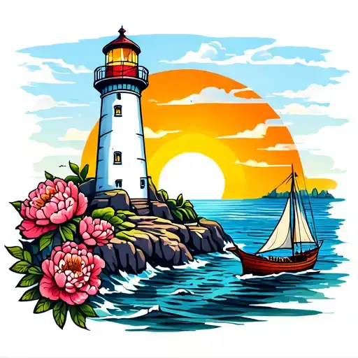 lighthouse on the rocks with peonies and a boat sailing into the sunset tattoo design idea