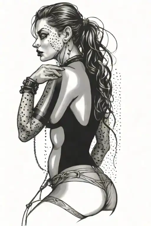 sexy woman in bondage underwear standing facing left tattoo design idea