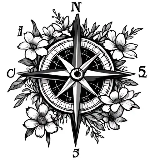Pretty Compass Rose using the November birth flowers and January birth flowers as a string of flowers for each direction tattoo design idea
