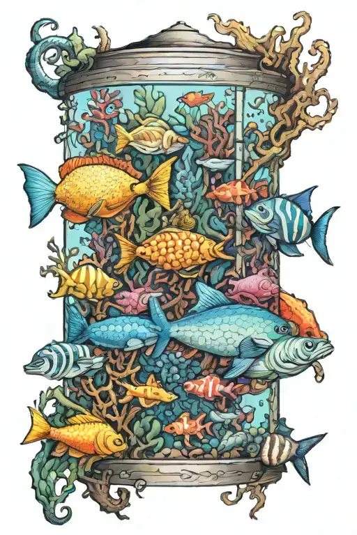 An intricate design of a saltwater aquarium filled with various marine creatures tattoo design idea