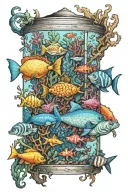 An intricate design of a saltwater aquarium filled with various marine creatures tattoo design idea