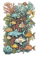 An intricate design of a saltwater aquarium filled with various marine creatures tattoo design idea
