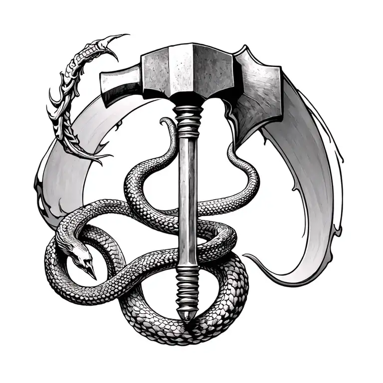 I want a hammer circled by a viper. The snake part below the hammer  will be skeletal. It shall be located on the left s tattoo design idea