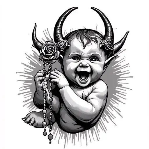 Demon Baby with rosary tattoo design idea