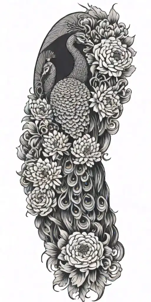 male peacock and chrysanthemum flower bouquet tattoo design idea