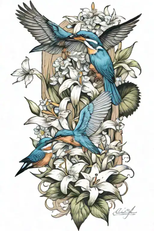 kingfisher flying and wood pigeon flying with cala lilies and forget me not flowers  tattoo design idea