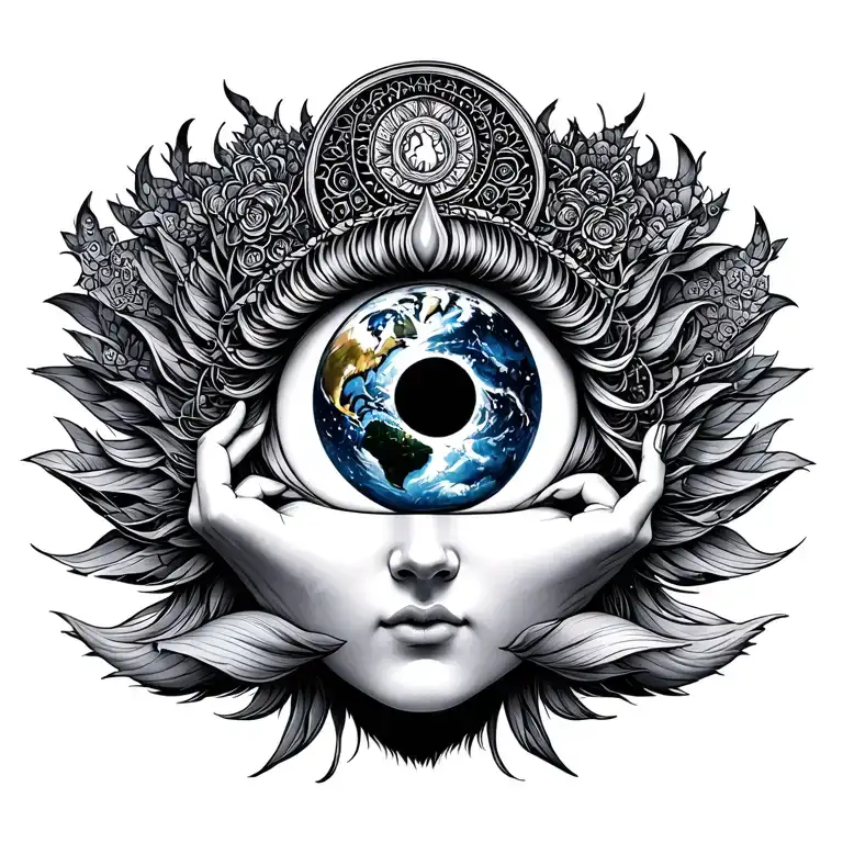 gaia goddess holding earth psychadelic 3rd eye tattoo design idea