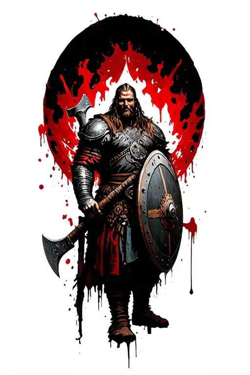 Viking warrior in the center holding an axe and shield. The background should show the world tree Yggdrasil, surrounded  tattoo design idea