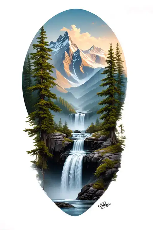 mountain range with waterfall and trees tattoo design idea
