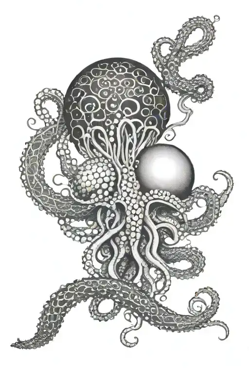 The tentacles stretch from the bottom up. In the center is a New Year's ball. On top is a jellyfish. The tentacles intertwine the New Year's ball tattoo design idea
